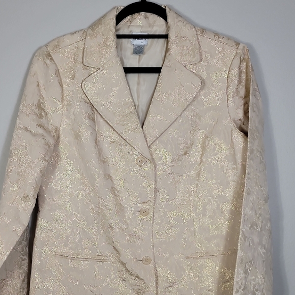 Chicos Brocade Button Up Pea Coat Jacket Size Large Gold Metallic Long Classic - Picture 2 of 11